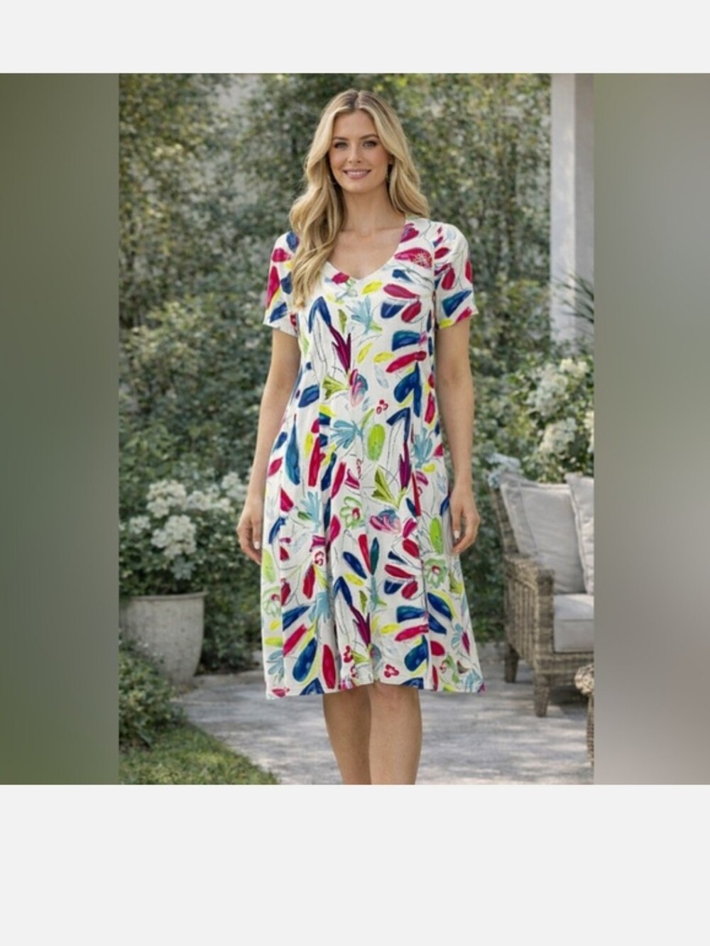 Floral V-Neck A-Line Dress in White with Multi-Color Print